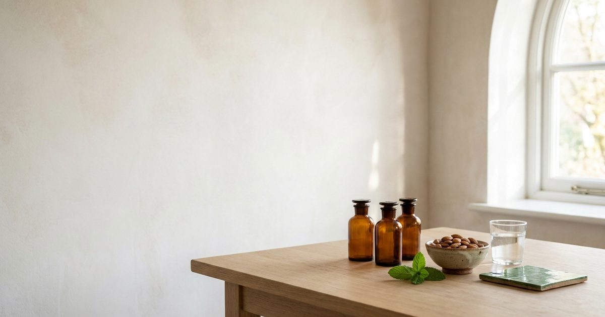 Table en bois dans la lumière du matin, avec trois flacons ambrés sans marque, des amandes, de la menthe et un verre d'eau